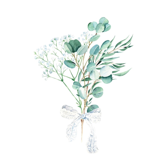 Eucalyptus aquarelboeket wilg zilveren dollar en gypsophila takken met witte kant strik hand