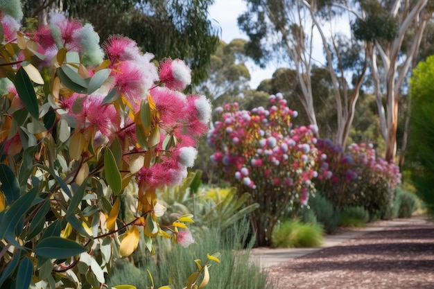 Eucalyptus bloementuin met verschillende soorten bloemen in bloei