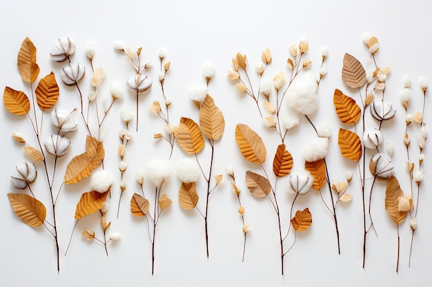 Eucalyptus branches cotton flowers and dried leaves create an autumn pattern on a white background F