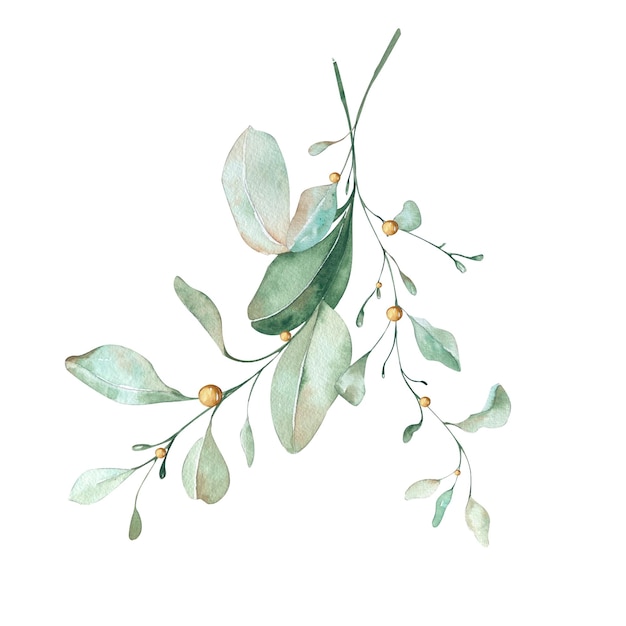 Eucalyptus Branches and Herbs Watercolor Illustration in Blue Turquoise Tones Design Elements for Cards Invitations Flyers Posters Home Textiles Stationery