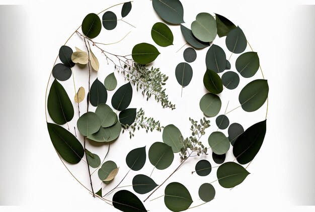 Photo eucalyptus branches and leaves isolated in a circle on a white background lying down looking up