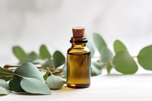 Eucalyptus essential oil in a small transparent bottle