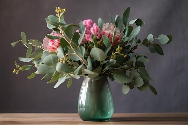 Eucalyptus flower bouquet in vase on wooden table