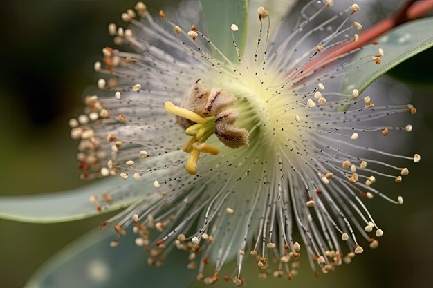 복잡한 꽃잎과 섬세한 꽃가루가 보이는 유칼립투스 꽃