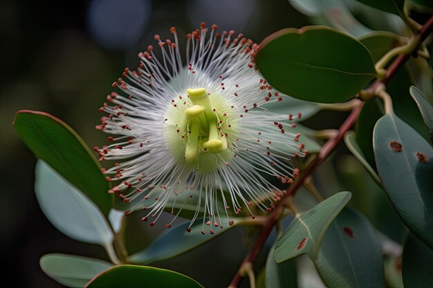 eucalyptus flower in full bloom surrounded by green foliage
