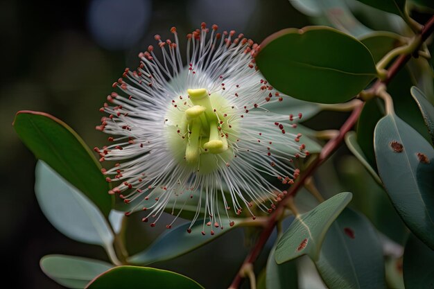 緑の葉に囲まれた満開のユーカリの花