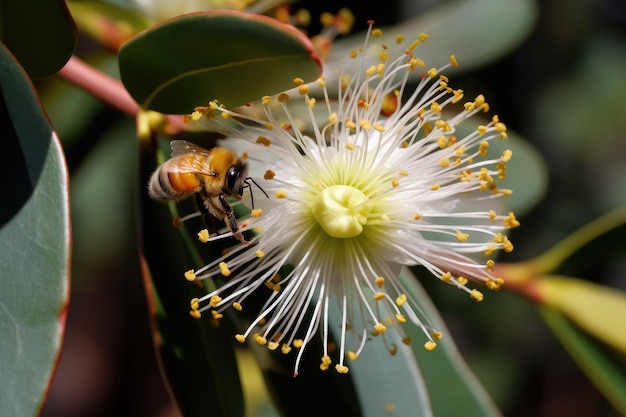 Eucalyptus flower in full bloom with a bee enjoying the nectar