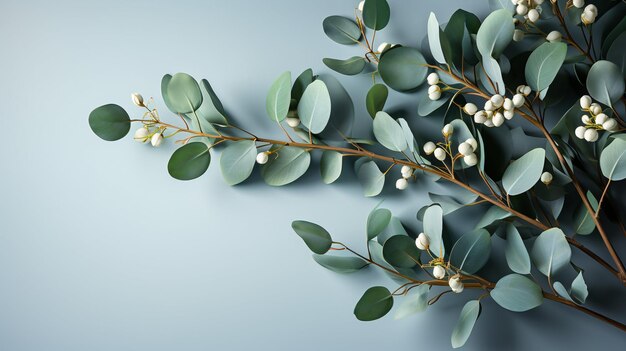 Eucalyptus foliage branch with green leaves lay flat on the edge of a white bluish background