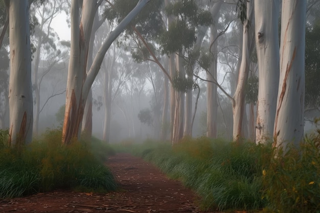 Eucalyptus grove in misty morning with dew on the leaves