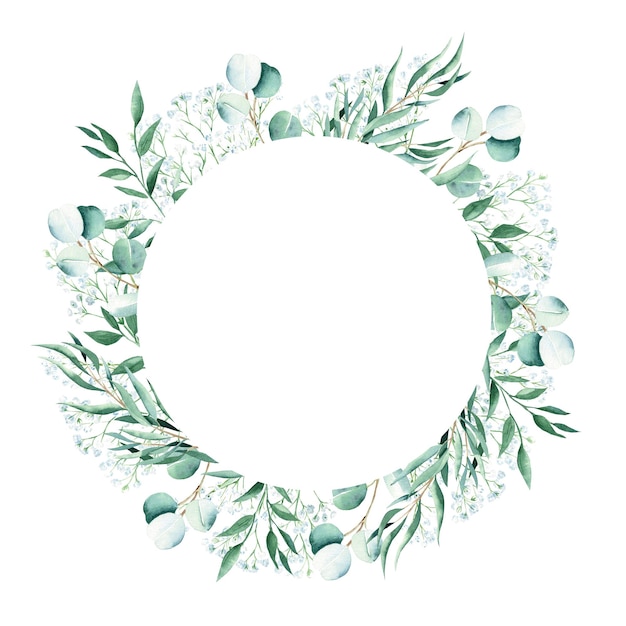 Eucalyptus gypsophila and pistachio branches watercolor circle frame isolated on white background