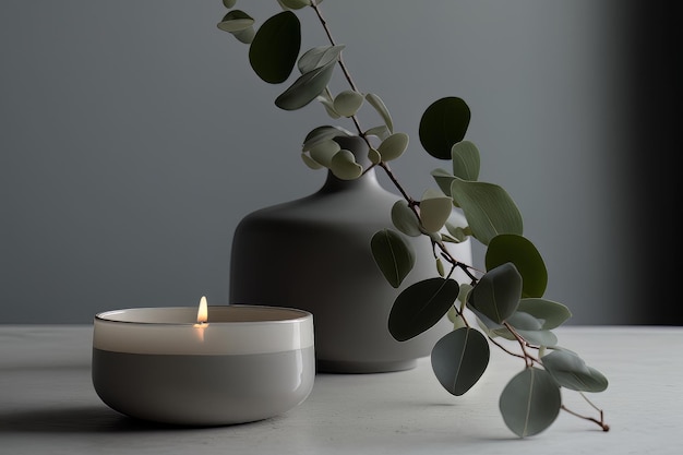 Eucalyptus leaf branch in white bowl and burning candle Illustration AI Generative
