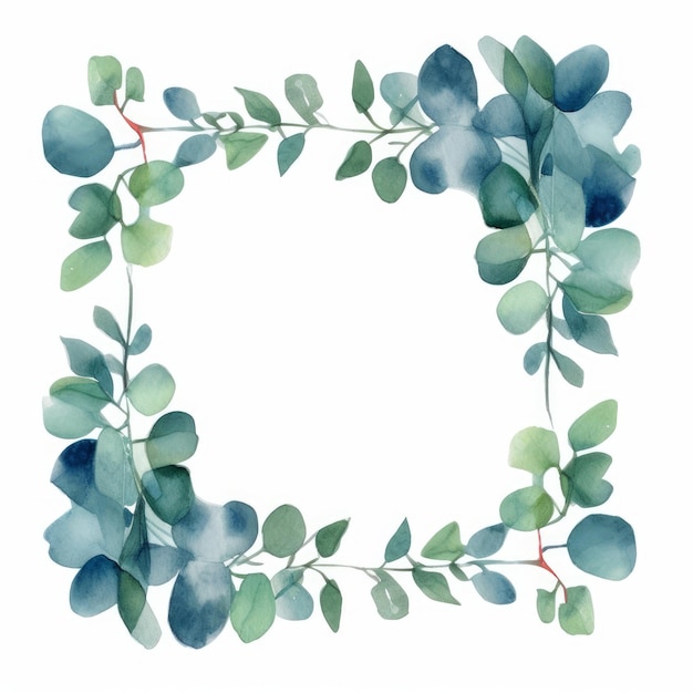 Eucalyptus leaf frame with a watercolor texture overlay on white background AI generated