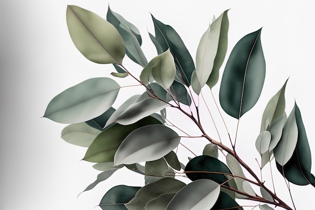 Eucalyptus leaves in green against white