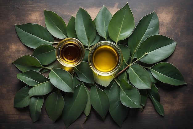 Eucalyptus leaves and oil on the table top view