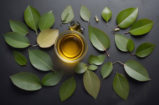 Eucalyptus leaves and oil on the table top view