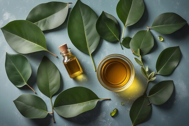 Eucalyptus leaves and oil on the table top view