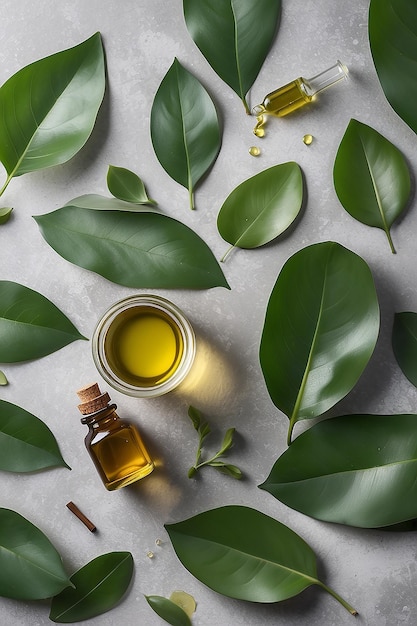 Eucalyptus leaves and oil on the table top view