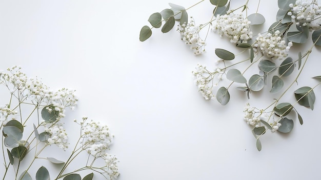 Eucalyptus Leaves and White Flowers on White