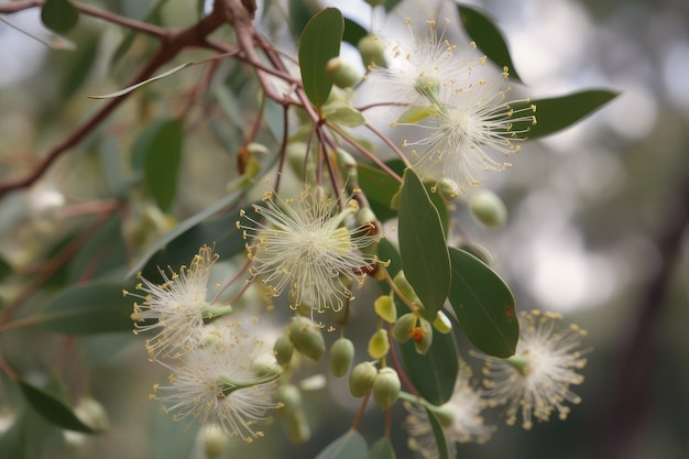 写真 風に乗って可憐な花を咲かせるユーカリの木