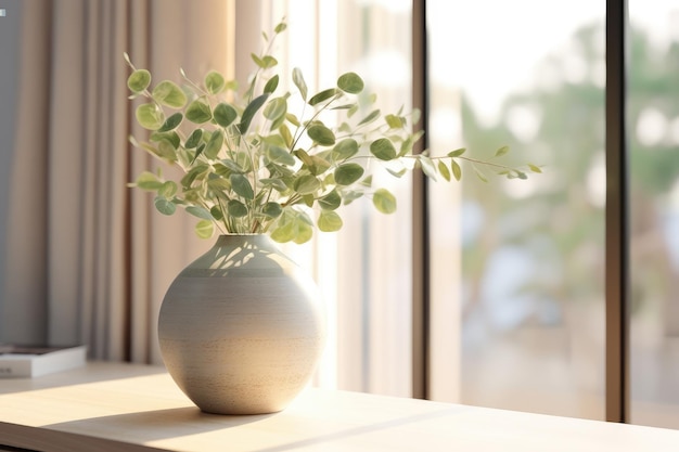 eucalyptus in a unique vase with wooden desk AI Generated