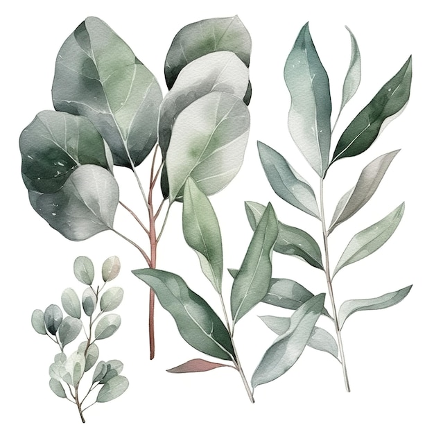 Photo eucalyptus watercolor set separate white background