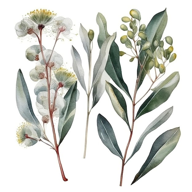 Foto set di acquerelli di eucalipto sfondo bianco separato