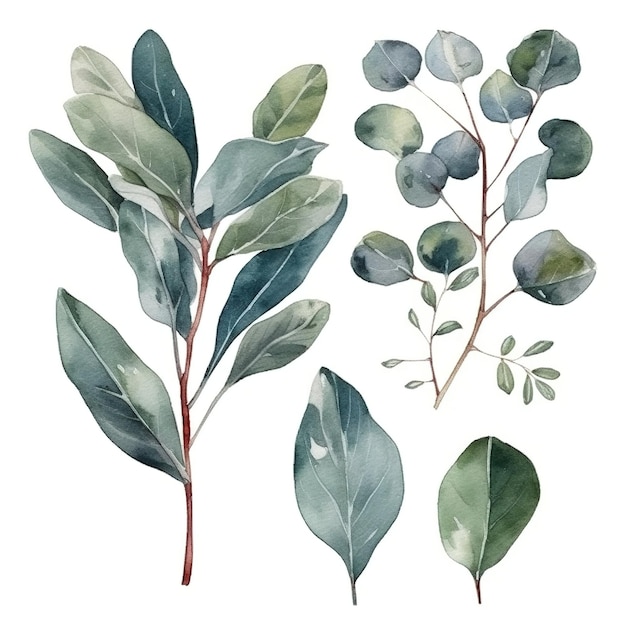 Eucalyptus watercolor set separate white background