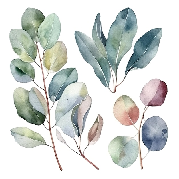 Eucalyptus watercolor set separate white background