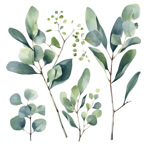 Photo eucalyptus watercolor set separate white background