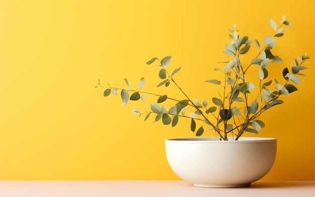 Eucalyptus in a white bowl on a yellow background
