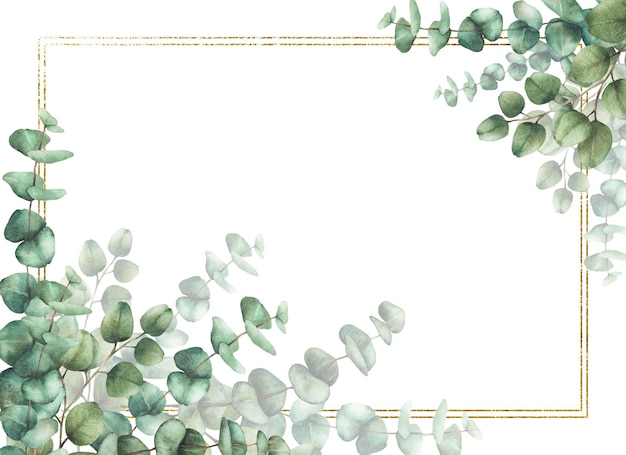 Eucalyptusbladeren en takken met goud ingelijste aquarel met de hand getekende bloemenbanner illustratie