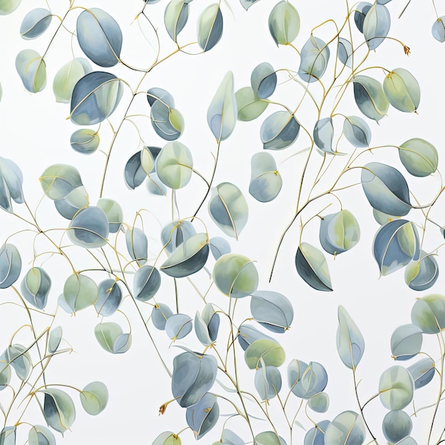 eucalyptusbladeren in wit en groen op een achtergrond in de stijl van patroongebaseerde schilderkunst