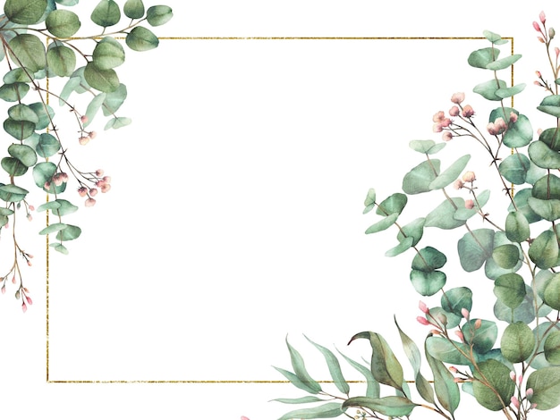 Eucalyptusplant en gypsophila bloem twijg met gouden frame waterverf bloemige rechthoekige sjabloon