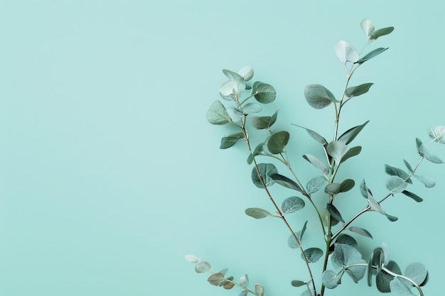 Eucalyptustakken elegant geplaatst tegen een zachte blauwe achtergrond