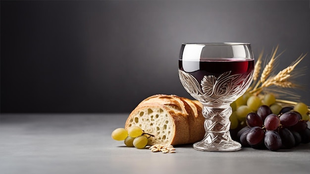 Eucharist wine bread and grapes on plain background