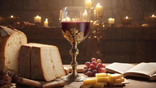 Eucharist with wine chalice and sacramental bread