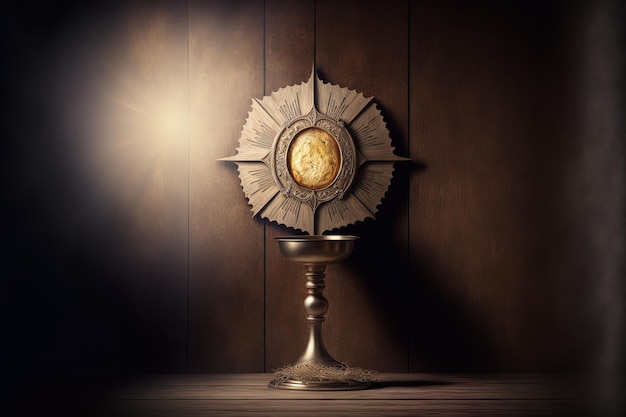 Eucharistisch concept met kelk op een houten achtergrond