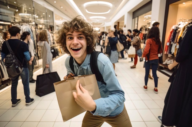 Photo euphoric boy shopping in mall