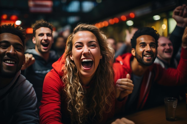 Euphoric fans celebrate with sports bar beers during a game generative IA