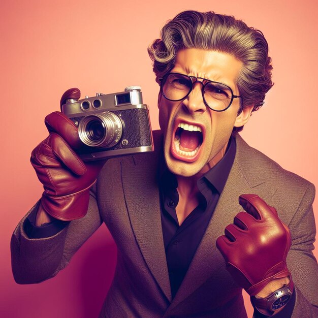 Photo euphoric man screaming vintage style