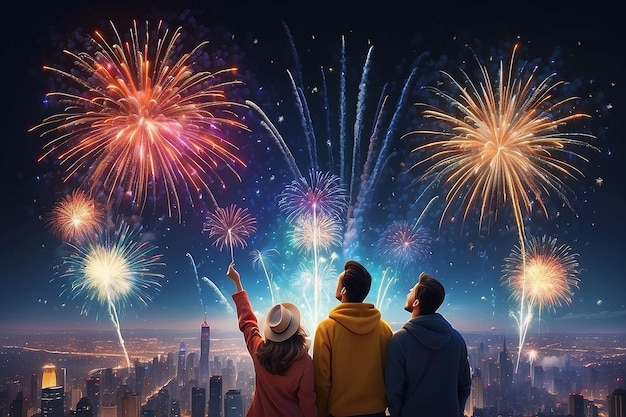 Euphoric New Year 2025 Happy Faces Gaze Skyward Amid Fireworks