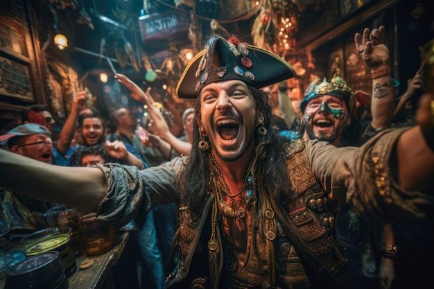 Euphoric pirates celebrating a successful raid