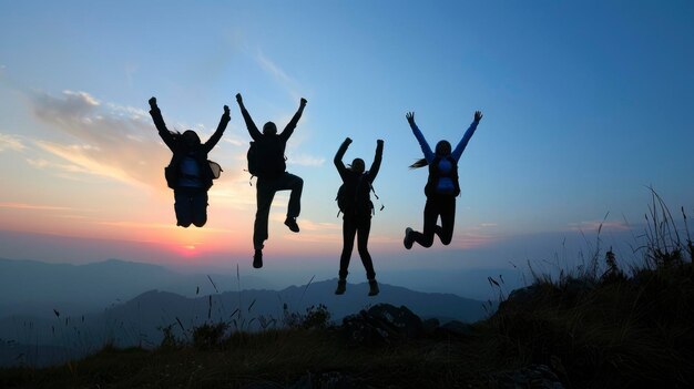 写真 山頂の頂上で祝いにジャンプする4人のユーフォリックな勝利のシルエット - 成功と達成を意味する