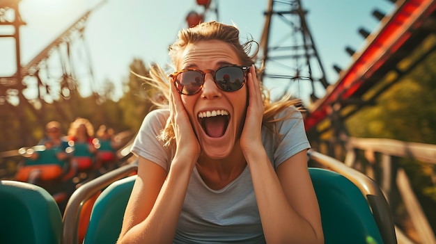 Photo euphoric woman on roller coaster