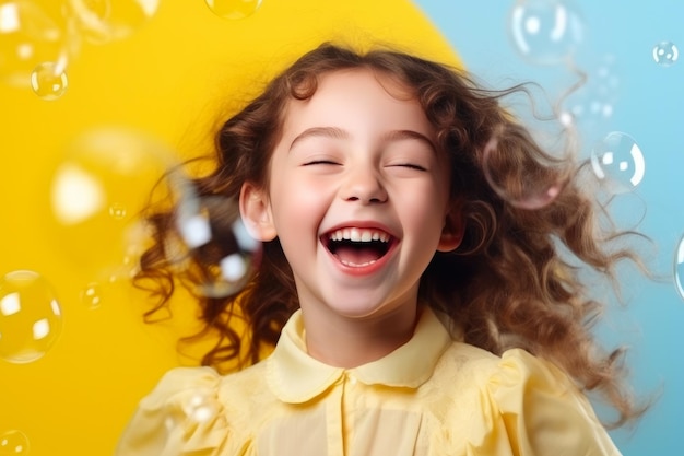 Euphoric Young Girl Enjoying Bubble Fun on Vibrant Background