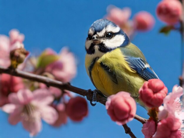 Photo eurasian blue tit garden bird perched on the branch of a spring flowering crab apple tree with blossom