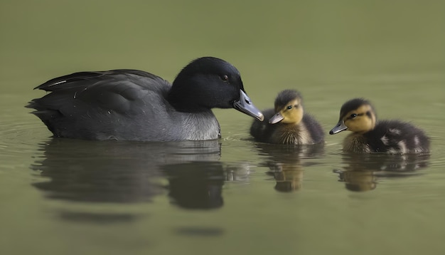 Eurasian or common coot fulicula atra duck and duckling on the waterlake