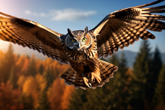 Eurasian Eagle Owl in Flight Majestic Bird with Open Wings