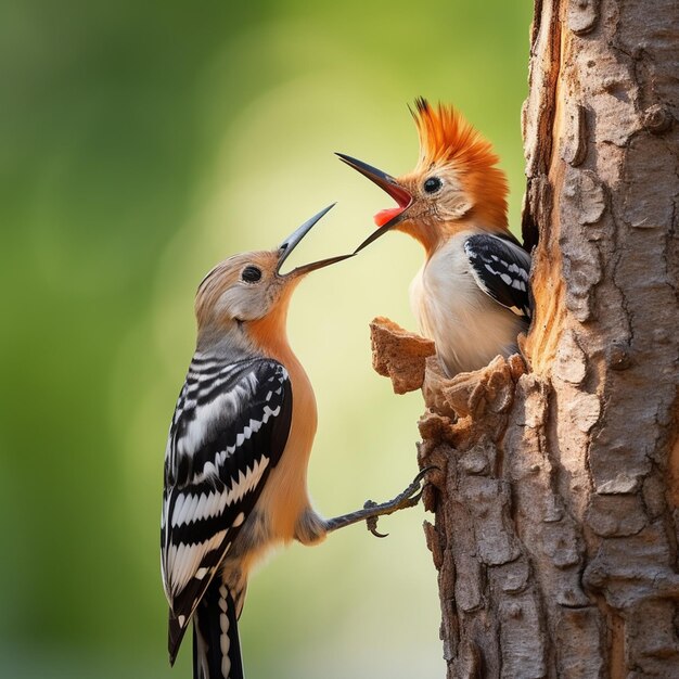 Eurasian hoopoe upupa epops feeding chick inside tree in summer nature little birds eating