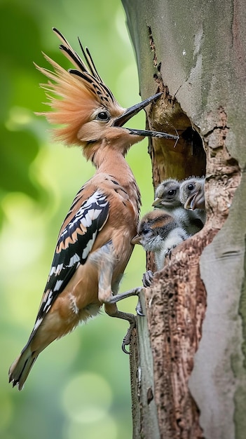 Eurasian hoopoe upupa epops feeding chick inside